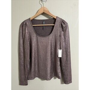 Anthropologie Metallic Ribbed Long Puff Sleeve Rose Gold Shirt Size Extra Small